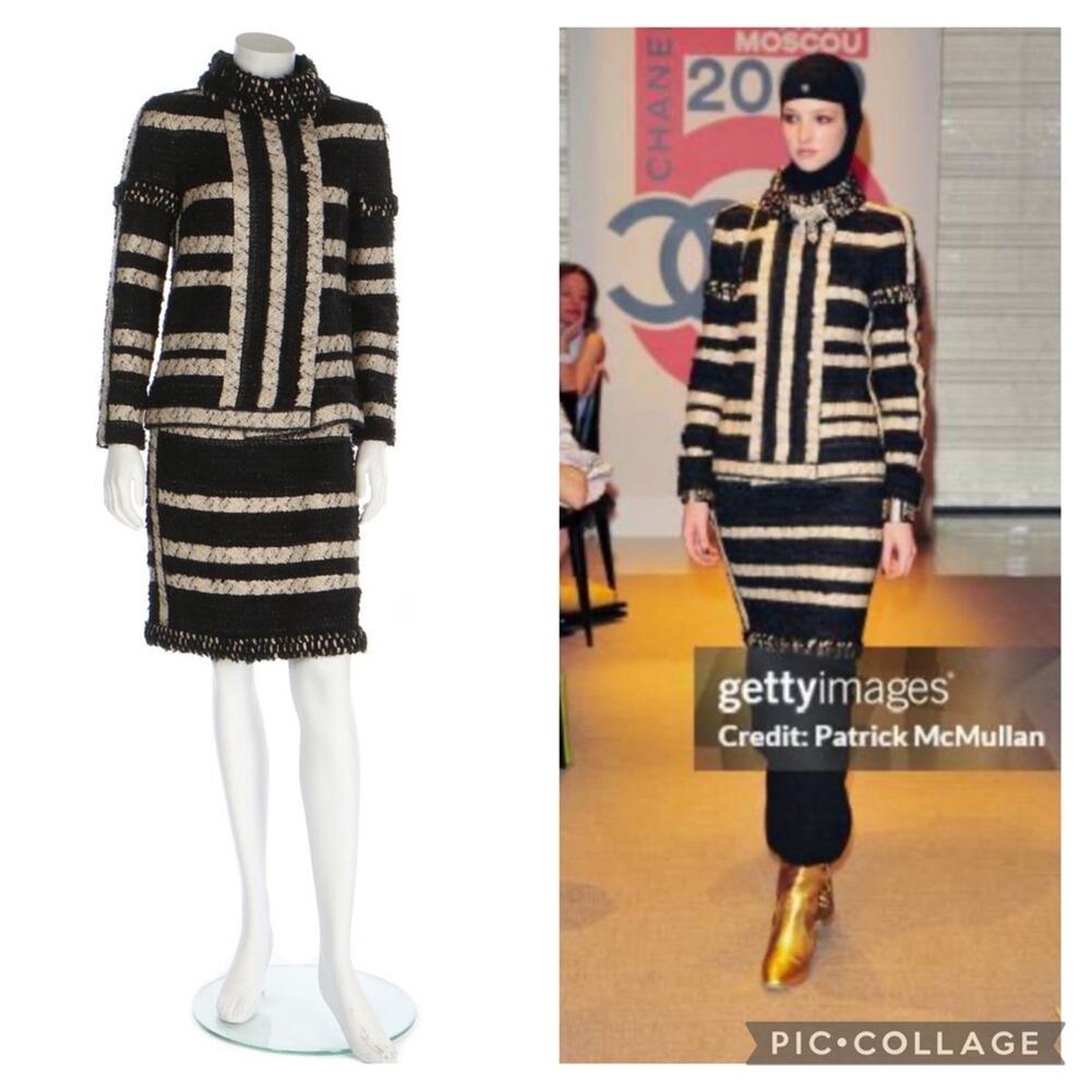 CHANEL Paris Moscou 09 black and Cream Striped tweed Knit Skirt Suit 36 - Picture 2 of 16